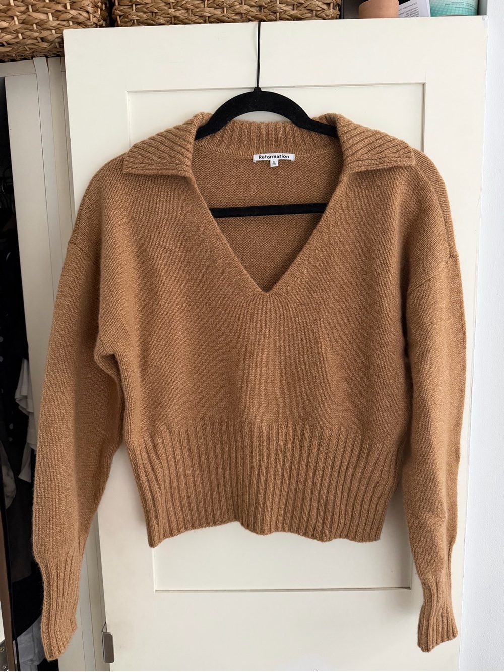 Reformation Camel/Tan V-Neck Collared Sweater